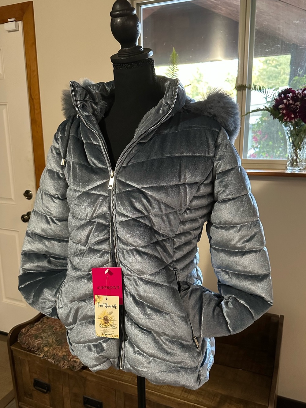 Patrona Women's Quilted Hooded Puffer Jacket - Silver Blue - Med NWT